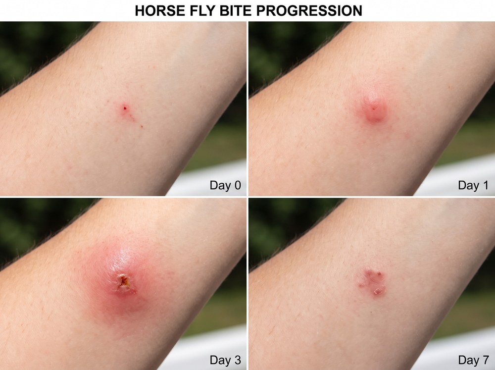 Side-by-side labeled comparison photograph of a horse fly bite and a deer fly bite showing differences in size and swelling